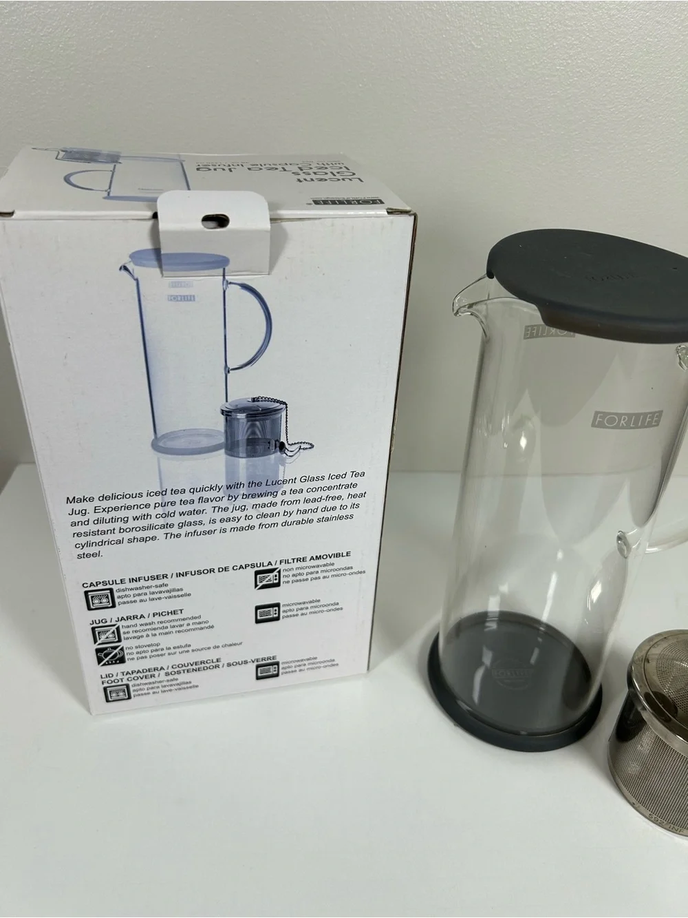 FORLIFE LUCENT Glass Iced Tea Jug with Charcoal Lid and Infuser 48-Ounce